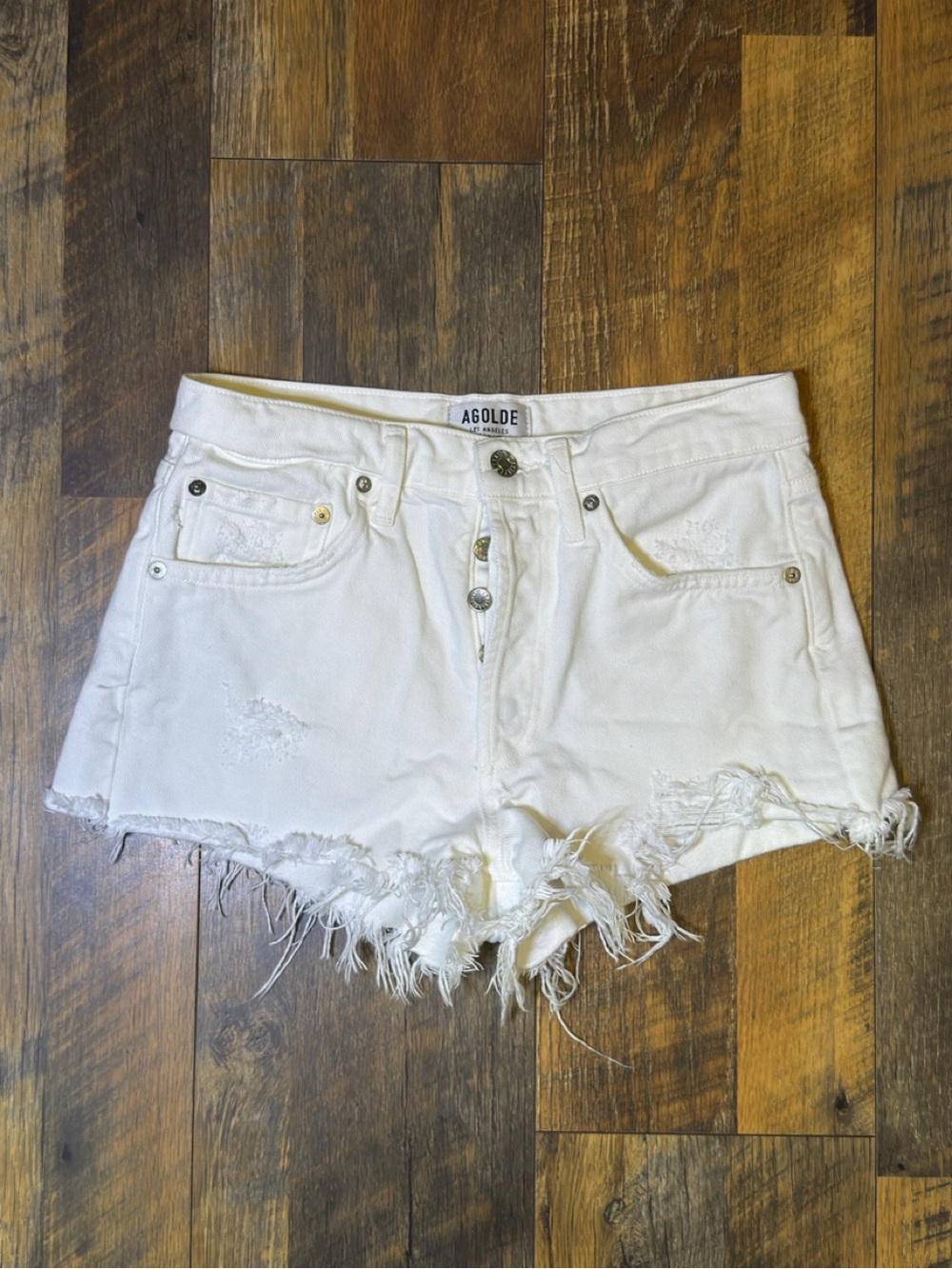 AGOLDE White Distressed Denim Shorts raw hem size 24